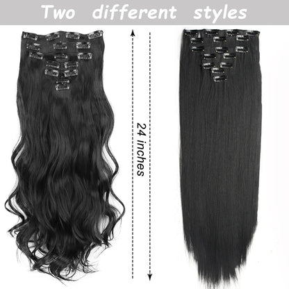Clip-In Hair Extensions 7pcs 16 Clips Wavy Synthetic 24 Inch