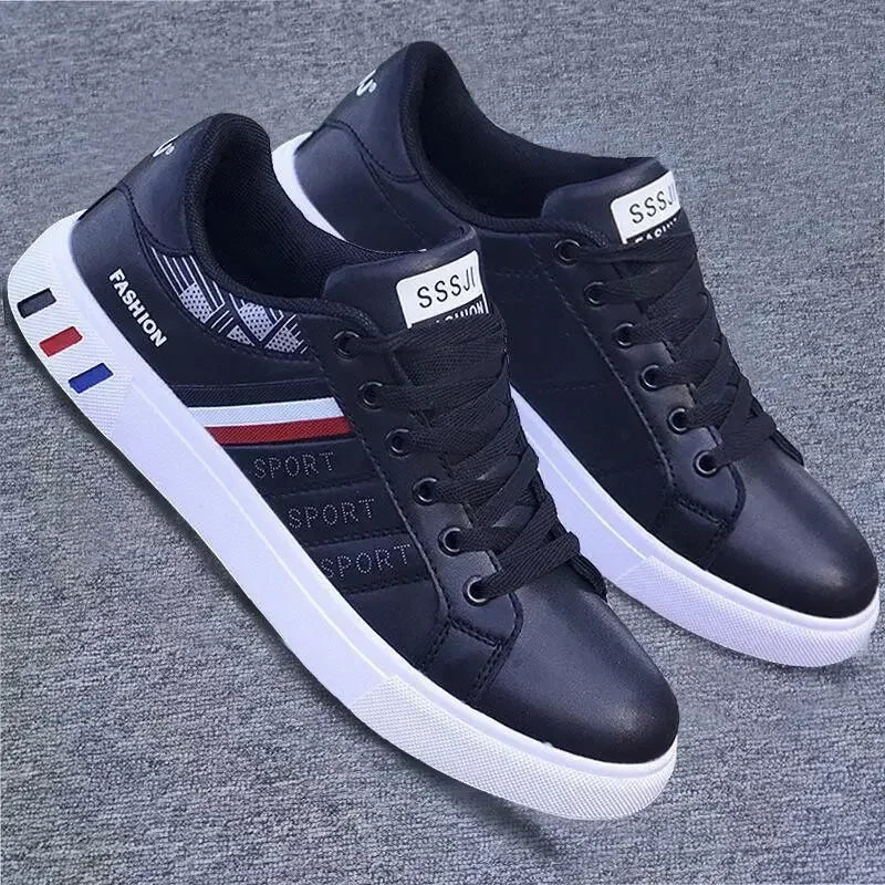 Men's White Casual Sneakers – Lightweight PU Leather Lace-Up Shoes