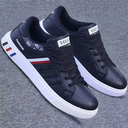 Men's White Casual Sneakers – Lightweight PU Leather Lace-Up Shoes