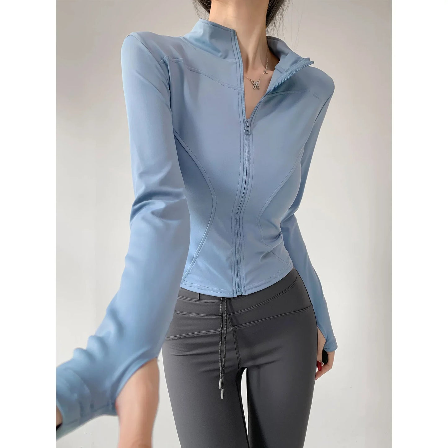Women's Slim-Fit Zip-Up Yoga Jacket – Long Sleeve Athletic Running Coat