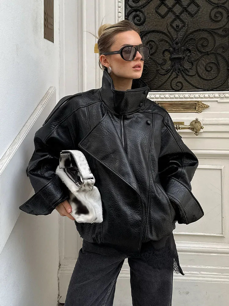 Women's Oversized Faux Leather Jacket – Asymmetric Button Loose Coat