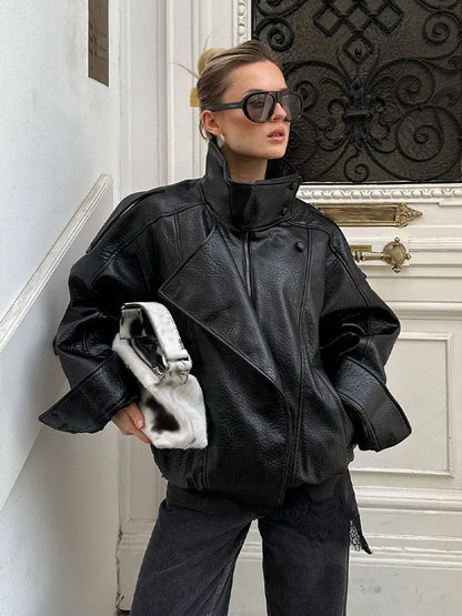 Women's Oversized Faux Leather Jacket – Asymmetric Button Loose Coat