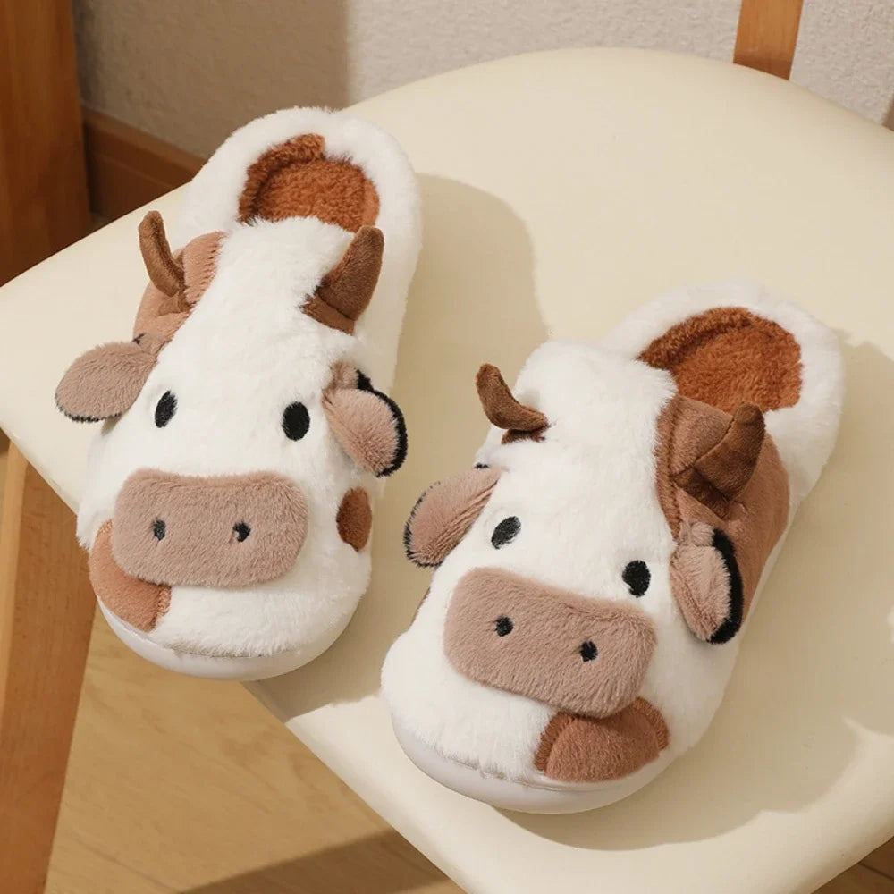 Winter Home Slippers Couples Warm Plush Neutral Cartoon Cow Indoor Anti Slip Comfortable Cotton Men