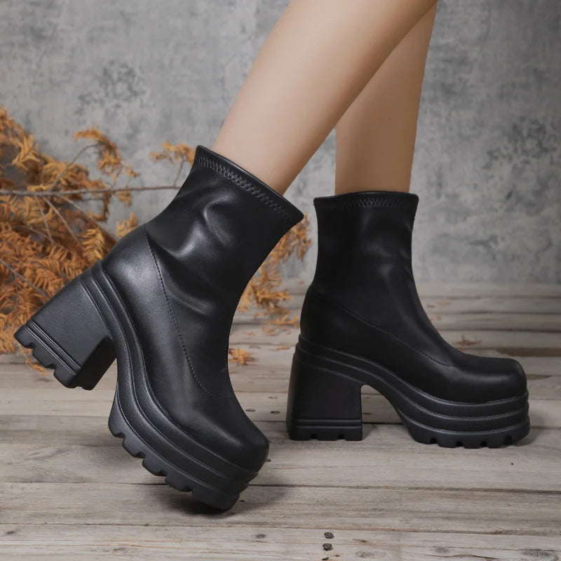 Women's Platform Ankle Boots Chunky Block Heel Square Toe