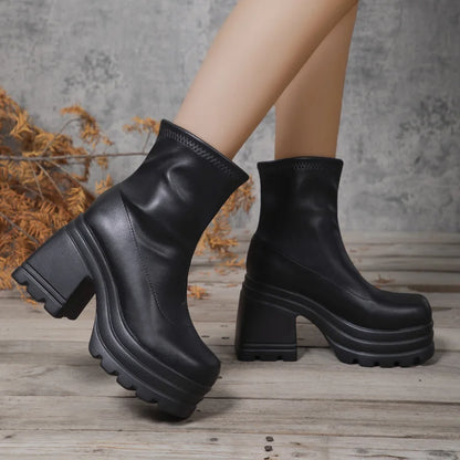 Women's Platform Ankle Boots Chunky Block Heel Square Toe