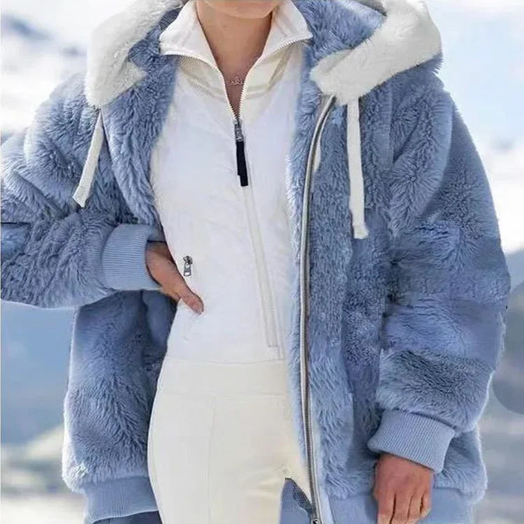 Women's Oversized Fluffy Hooded Jacket – Color Block Teddy Coat