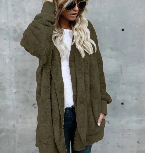 Women's Fleece Hooded Cardigan Coat – Warm Plush Jacket