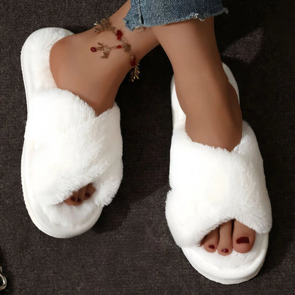 Women Fluffy Slippers Cross Band Soft Plush Cozy House Shoes Furry Open Toe Indoor Outdoor Slip Warm