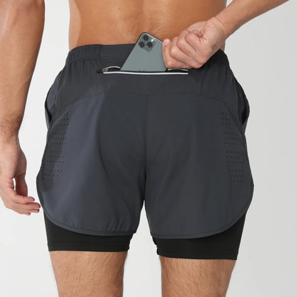 Men's 2-in-1 Running Shorts – Quick Dry Gym Workout Training Shorts with Zip Pocket