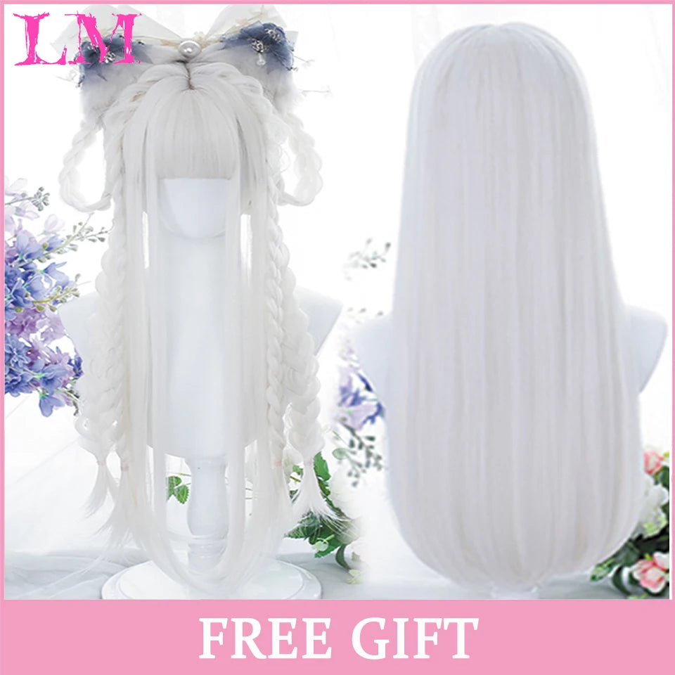 Lm Cosplay Wig Bangs Synthetic Straight Hair 24 Inch Long Heat-Resistant Pink Women