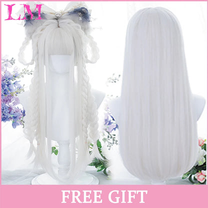 Lm Cosplay Wig Bangs Synthetic Straight Hair 24 Inch Long Heat-Resistant Pink Women