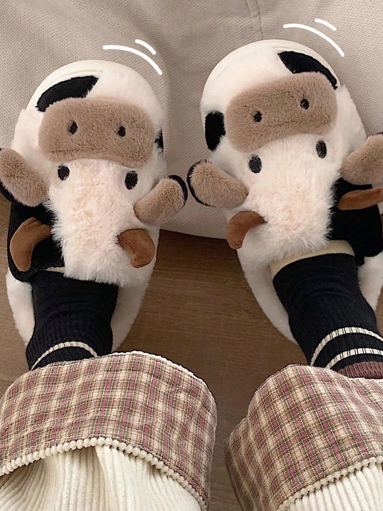 Cow Pattern Plush Slippers Winter Warm Non-Slip Cozy Cute Home Couples Men