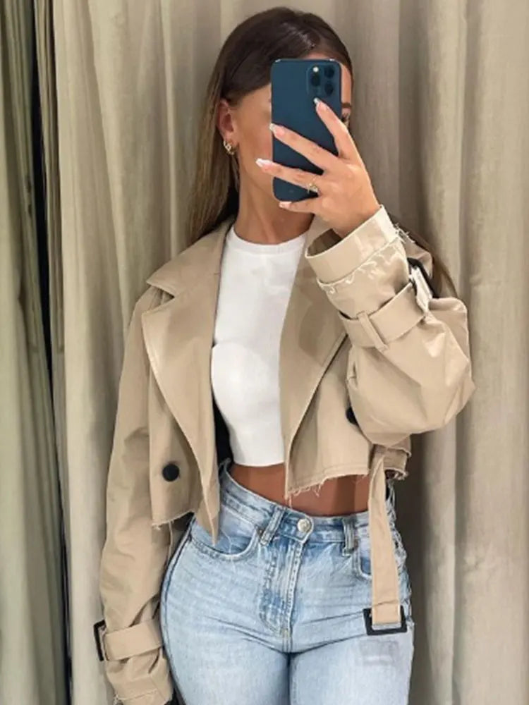 Cropped Trench Jacket for Women – Double Breasted Belt Coat