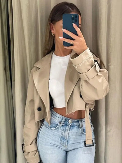 Cropped Trench Jacket for Women – Double Breasted Belt Coat