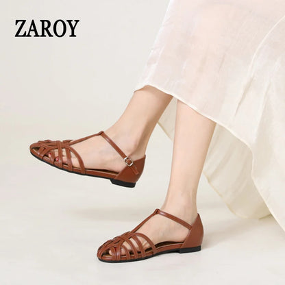 Women's Flat Roman Sandals – Woven Cage Cross Strap