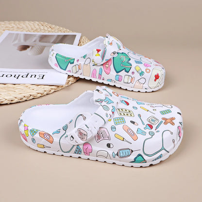 Cartoon Print Nurse Clogs Women – Non-Slip Closed Toe