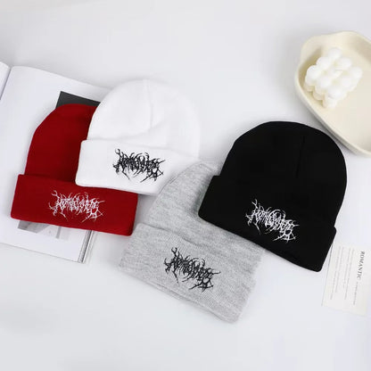 Gothic Embroidered Knit Beanie – Hip Hop Street Style Cuffed Hat