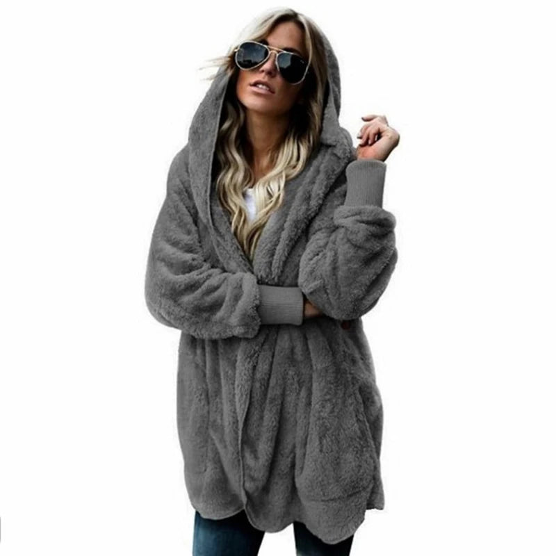 Women's Fleece Hooded Cardigan Coat – Warm Plush Jacket