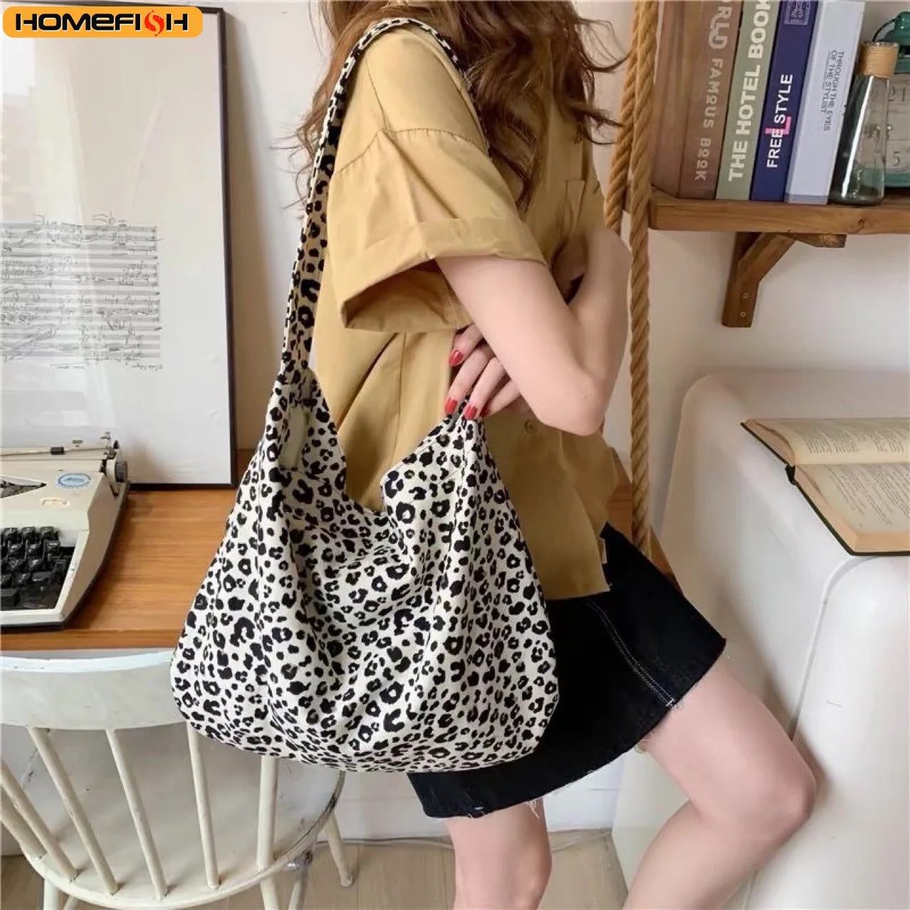 Leopard Print Canvas Shoulder Bag – Korean Style Messenger Bag