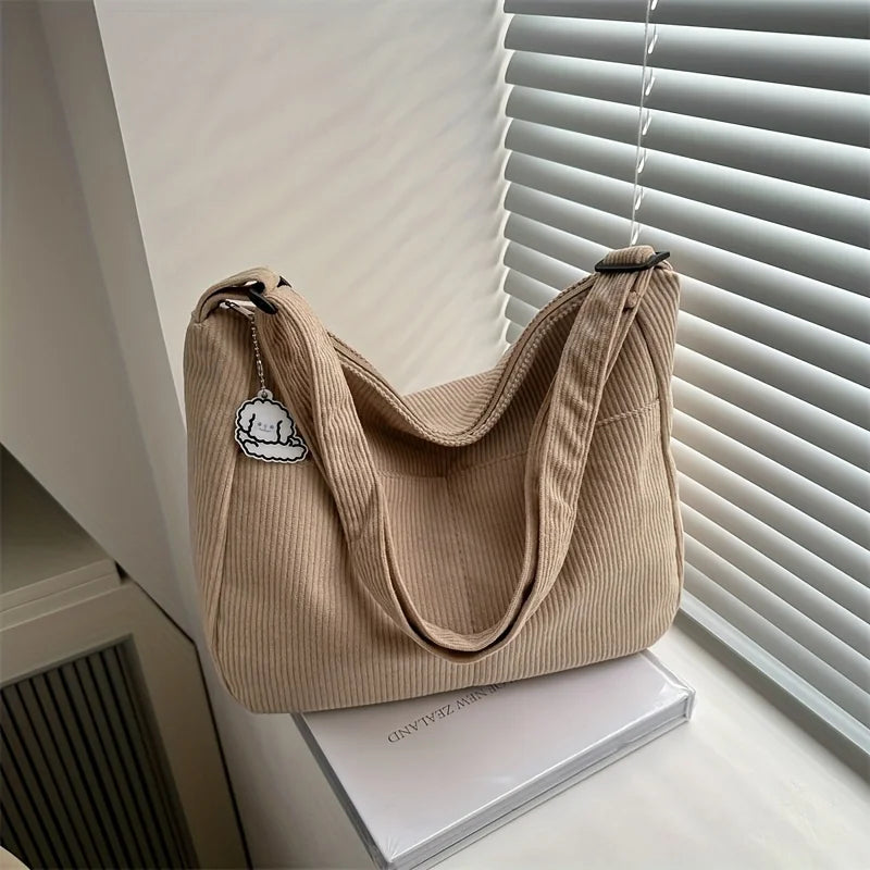 Women's Corduroy Shoulder Tote Bag – Large Capacity with Cute Patch