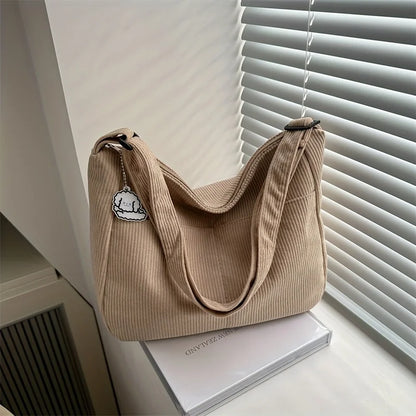 Women's Corduroy Shoulder Tote Bag – Large Capacity with Cute Patch