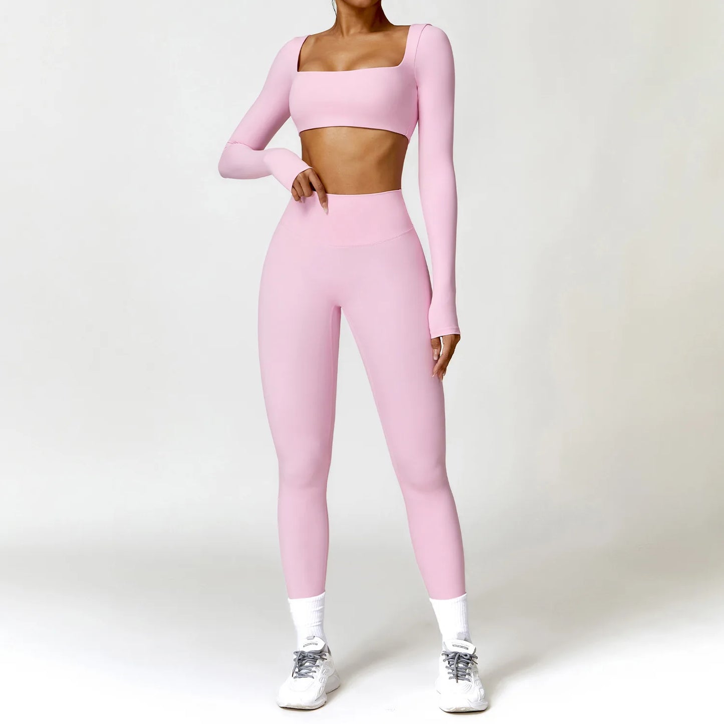 Women's 2-Piece Yoga Set – Long Sleeve Crop Top & Shorts