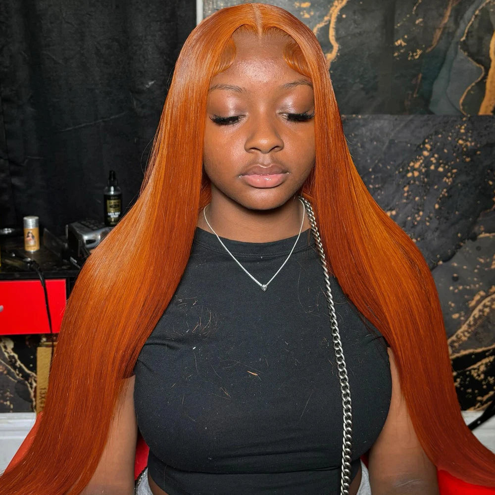 30 Inch Straight Orange Ginger Lace Front Wigs Human Hair 350 Colored Brazilian 13x6 Hd Transparent