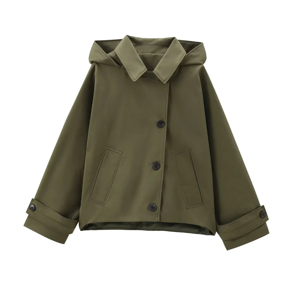 Women's Short Hooded Trench Coat Single-Breasted