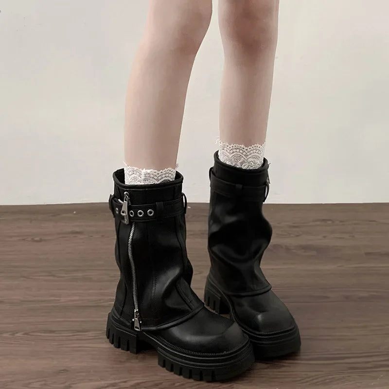 Women's Platform Biker Boots – Buckle Strap Mid-Calf Booties