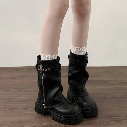 Women's Platform Biker Boots – Buckle Strap Mid-Calf Booties