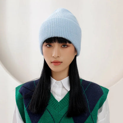 Women's Rabbit Fur Knit Beanie – Warm Solid Color Winter Hat