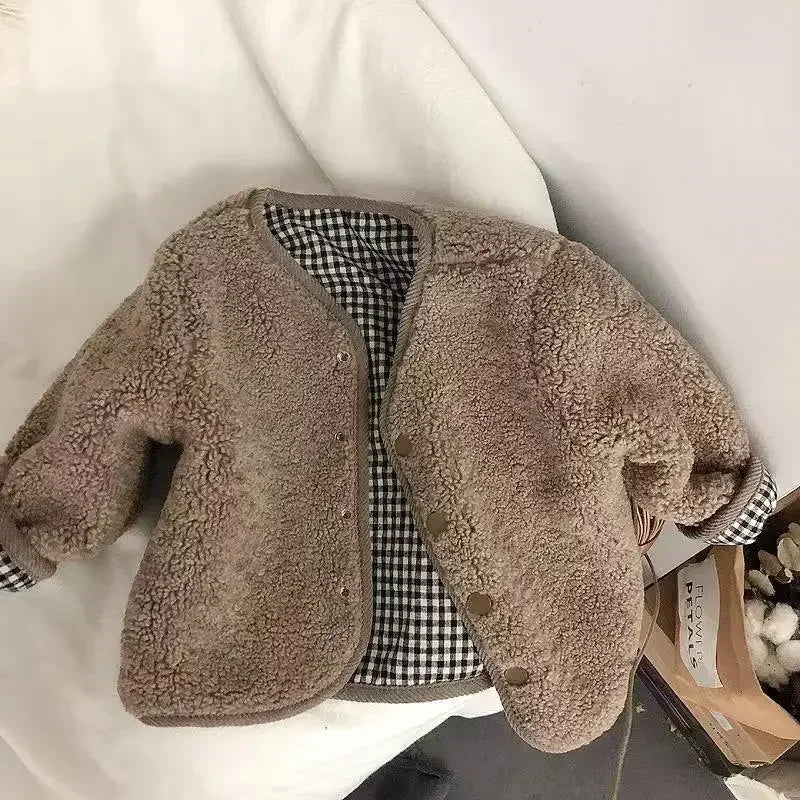 Kids Reversible Plush Jacket – Warm Plaid Sherpa Fleece Coat