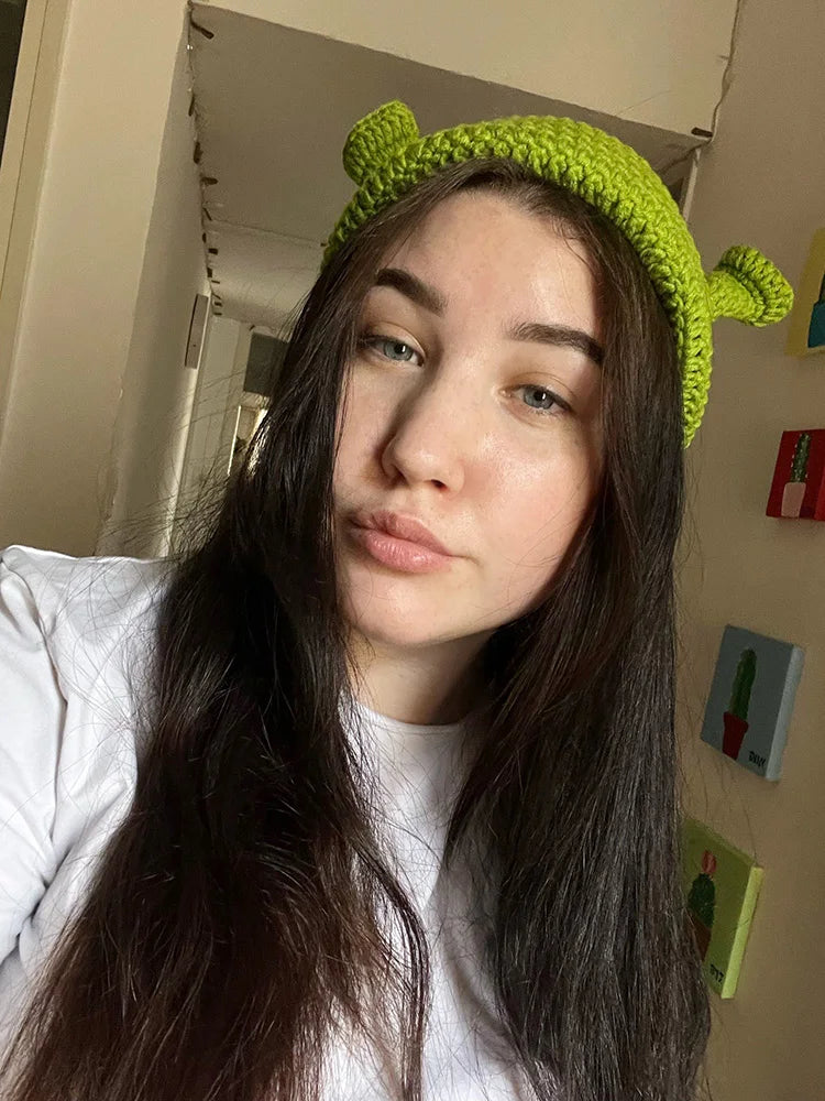 Funny Shrek Knit Beanie – Novelty Monster Ears Winter Hat for Adults & Kids