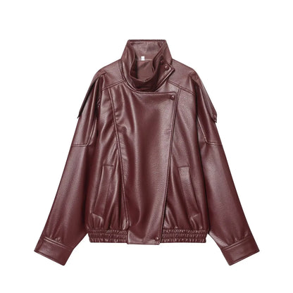 Women's Oversized Faux Leather Jacket – Long Sleeve Button Coat