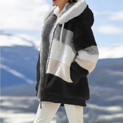 Women's Plaid Fleece Hooded Coat – Thick Zip-Up Winter Jacket