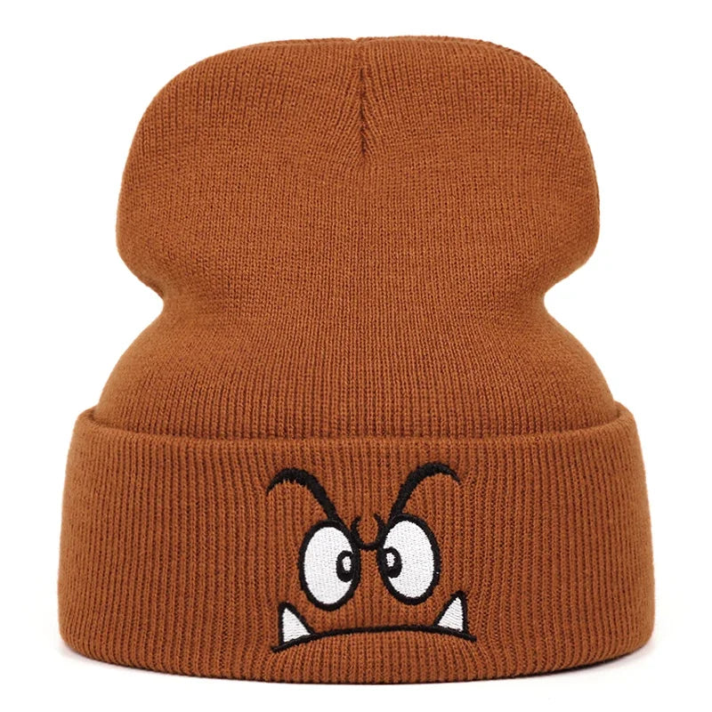 Funny Face Embroidered Knit Beanie – Warm Brimless Pullover Hat