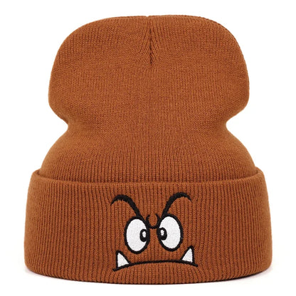 Funny Face Embroidered Knit Beanie – Warm Brimless Pullover Hat