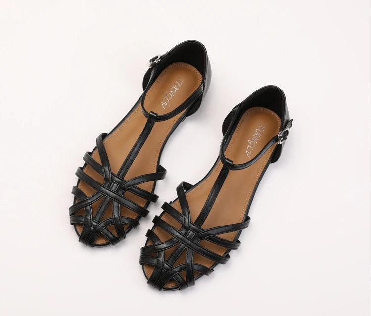 Women's Flat Roman Sandals – Woven Cage Cross Strap