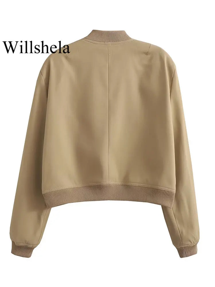 Women's Cropped Bomber Jacket with Pockets – Single Breasted