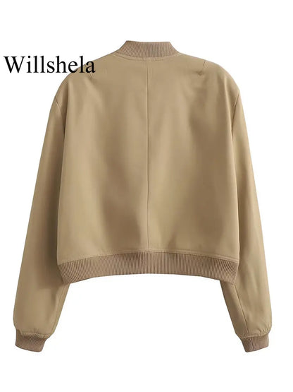 Women's Cropped Bomber Jacket with Pockets – Single Breasted