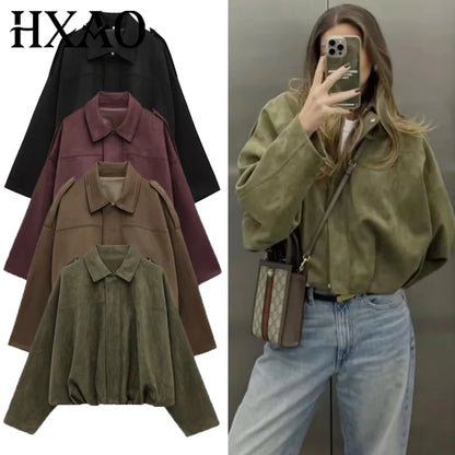Women's Cropped Suede Bomber Jacket – Lapel Zip Racing Coat