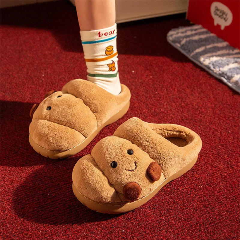 Cute Cartoon Fluffy Slippers Women Men Winter House Shoes Furry Croissant Bread Style Anti-Slip