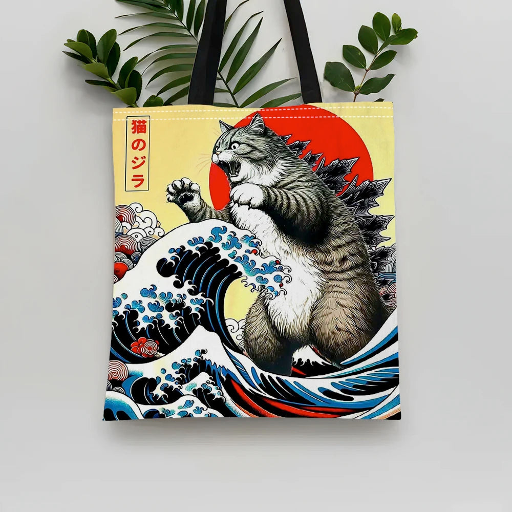 Catzilla Japanese Art Tote Bag – Reusable Canvas Shoulder Bag