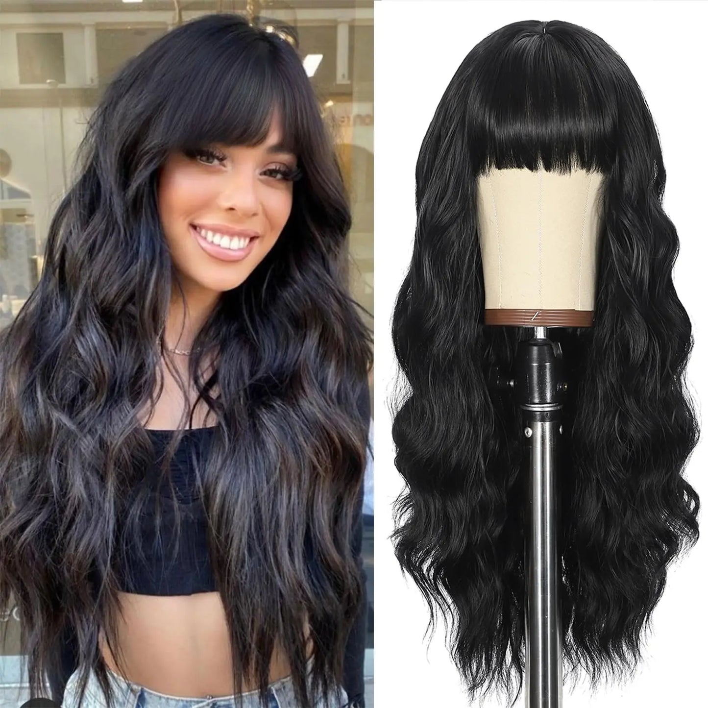 Long Wavy Synthetic Wig with Bangs – Heat Resistant Fiber