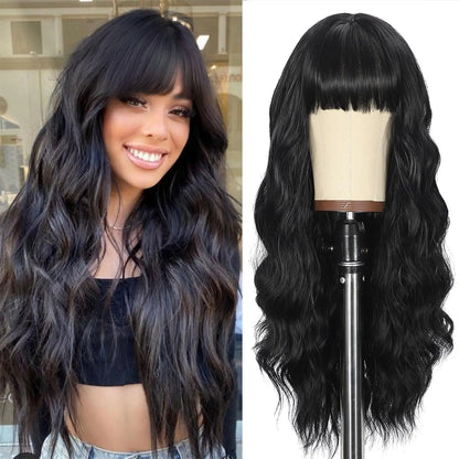 Long Wavy Synthetic Wig with Bangs – Heat Resistant Fiber