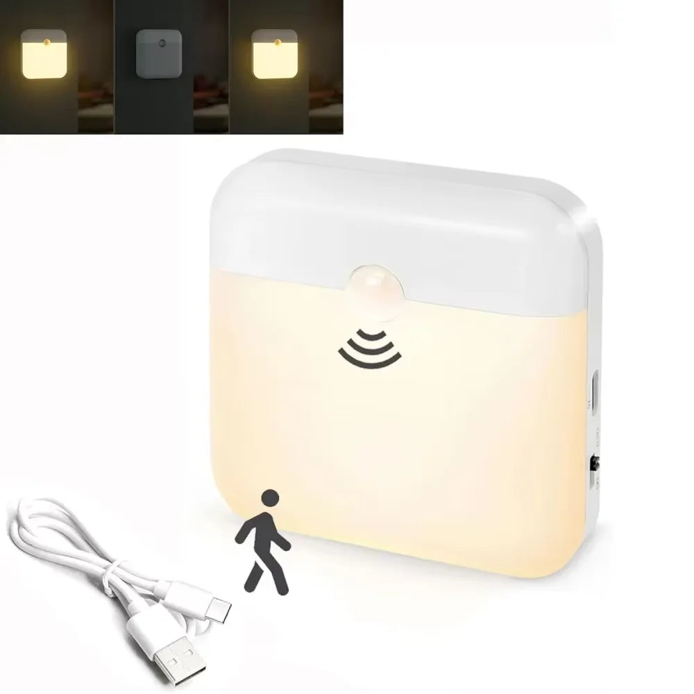 Motion Sensor Led Light Usb Charging Square Lamp Bedroom Kitchen Stair Hallway Wardrobe Cupboard