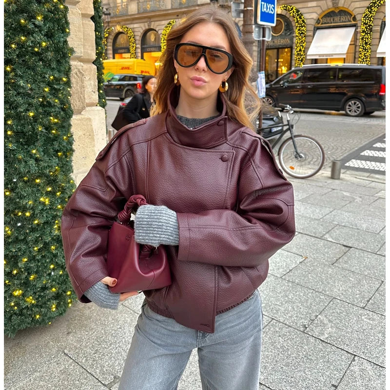 Oversized Faux Leather Bomber Jacket for Women