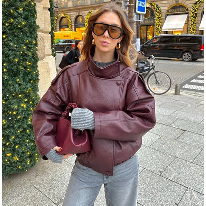 Oversized Faux Leather Bomber Jacket for Women