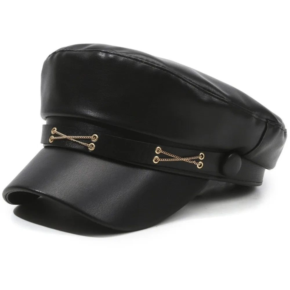 PU Leather Military Cap – Flat Top Sailor Beret with Chain Detail