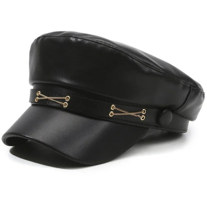 PU Leather Military Cap – Flat Top Sailor Beret with Chain Detail